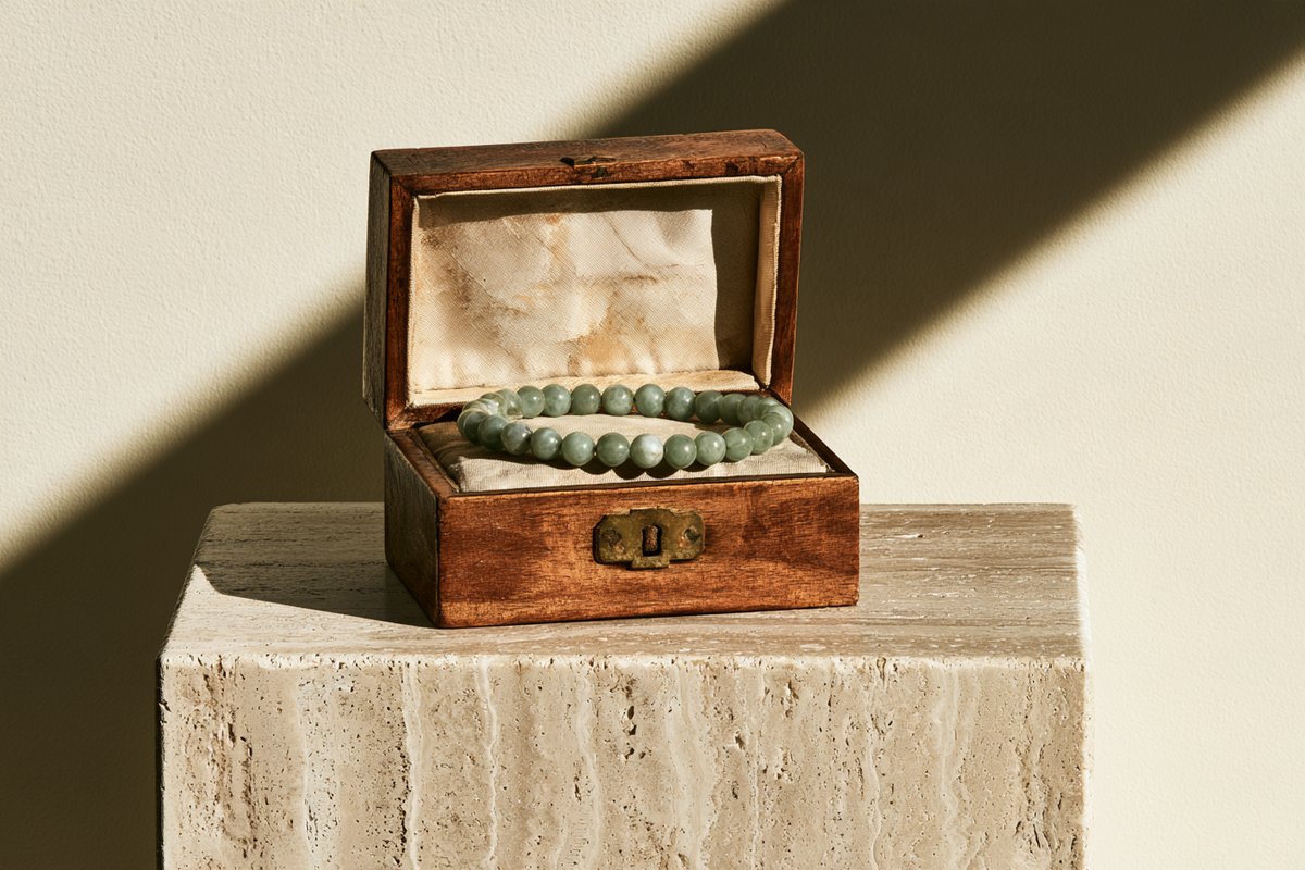 A jade bracelet resting in a vintage wooden jewelry box
