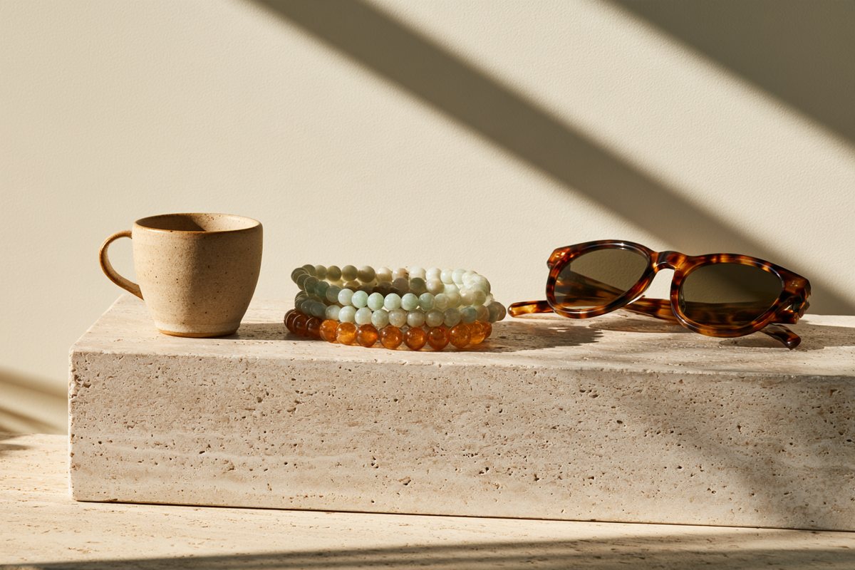 Jade and amber bead bracelets beside a ceramic cup and tortoiseshell sunglasses on a travertine plinth