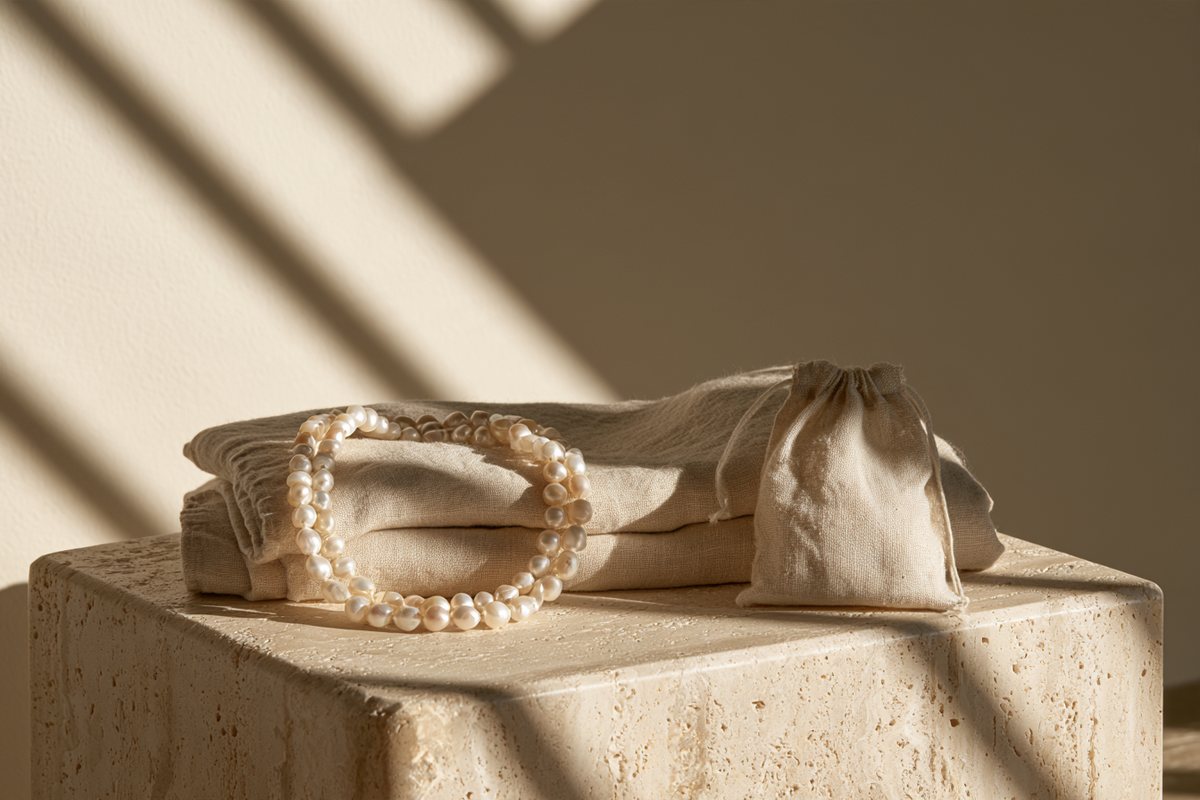 A pearl bracelet resting on folded linen beside a small linen pouch
