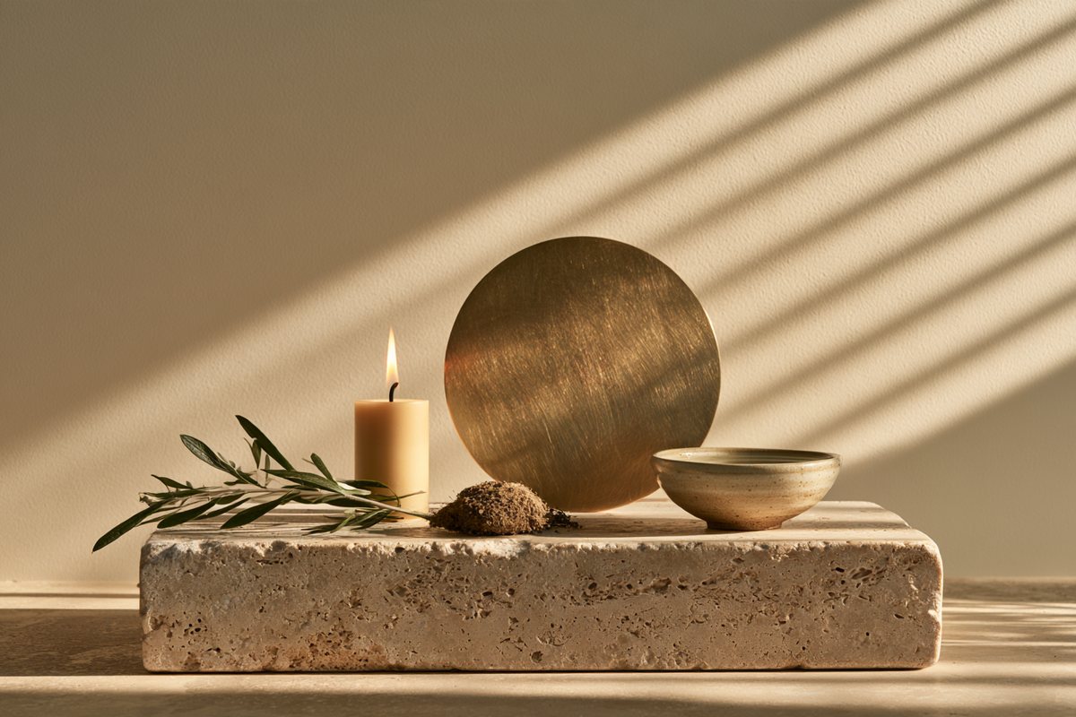 A twig, a lit candle, earth, a brass disc, and a ceramic bowl — the five elements