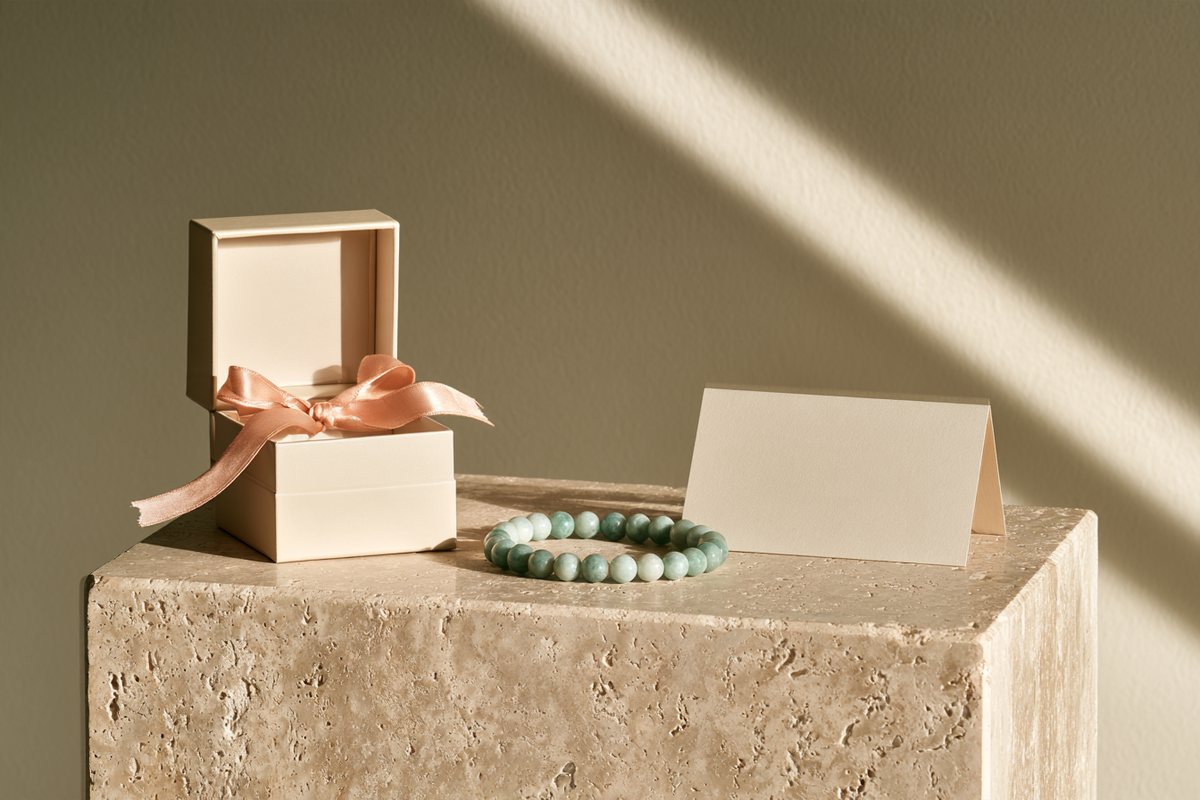An open gift box with a pink ribbon, a green jade bracelet, and a blank card