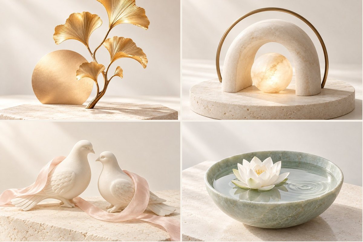 Golden ginkgo, a glowing stone sphere, two doves, and a lotus in a jade bowl