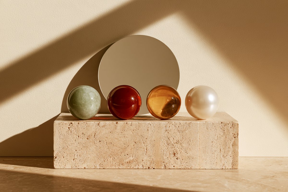Four polished spheres of jade, red agate, amber, and pearl in front of a round mirror