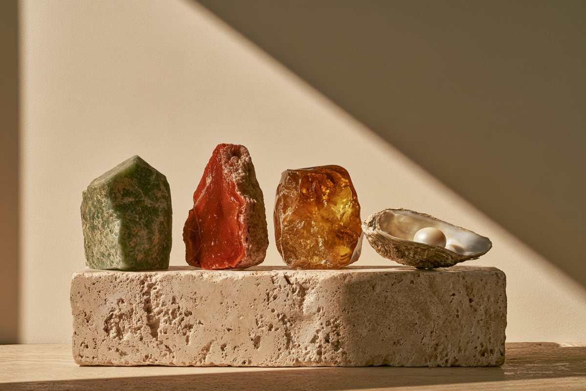 Raw jade, red agate, amber, and an oyster shell with a pearl on a travertine plinth