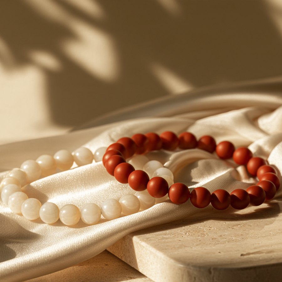 A creamy white Hetian jade bracelet and a deep red Nanhong agate bracelet on ivory silk