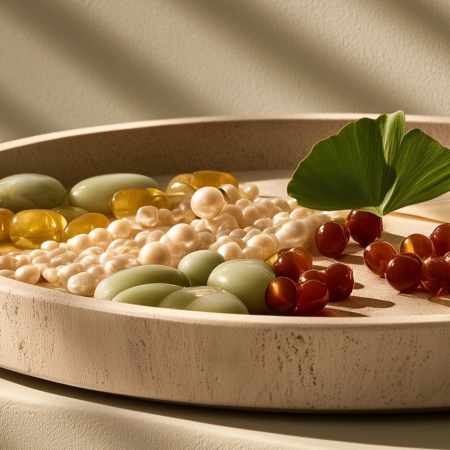 A travertine tray of loose jade, pearl, beeswax amber and red agate beads with a ginkgo leaf and silk ribbon