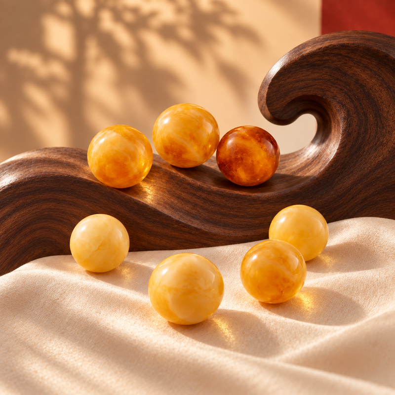 Honey-toned beeswax amber beads on a carved wooden wave and linen