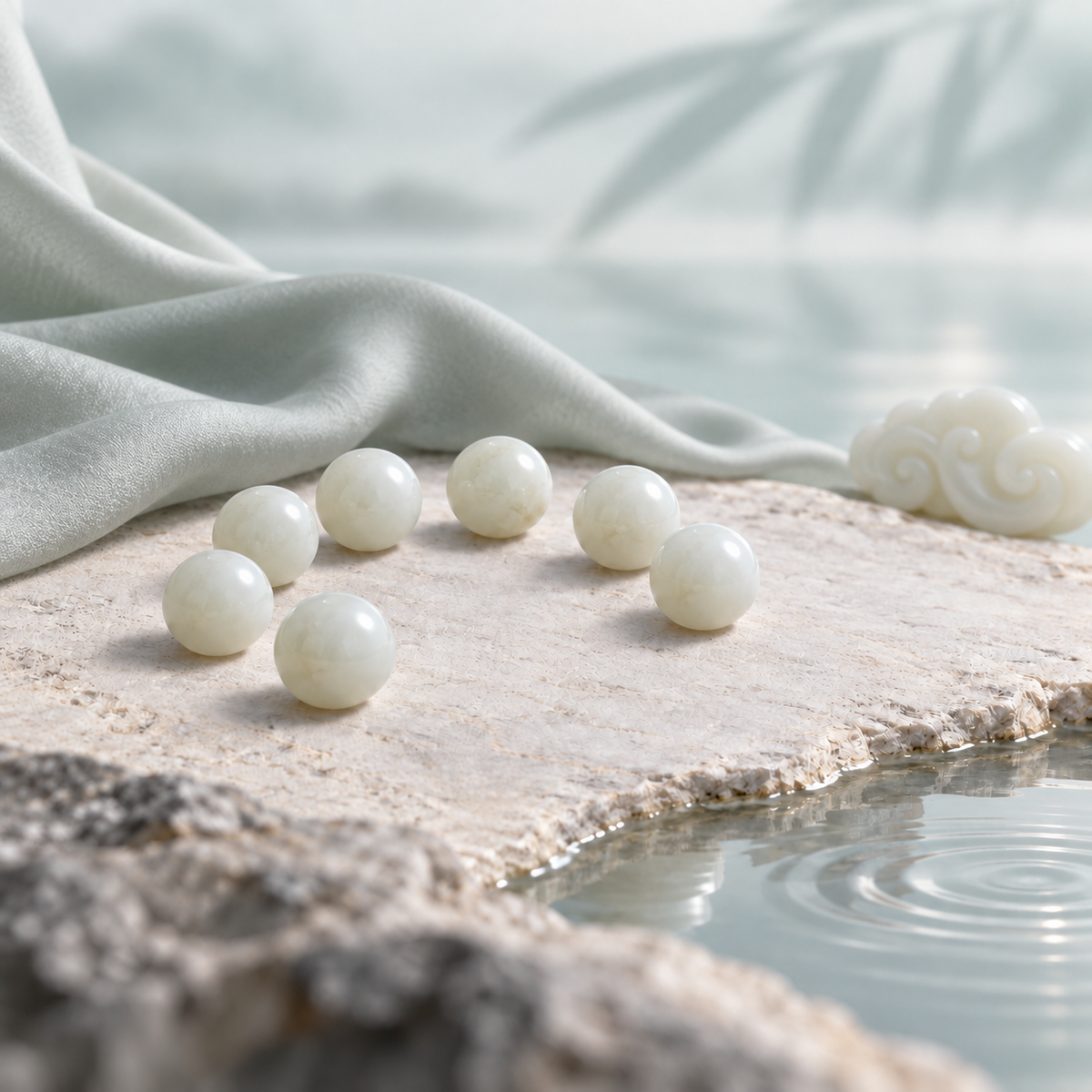 White Hetian nephrite jade beads resting on pale stone beside still water