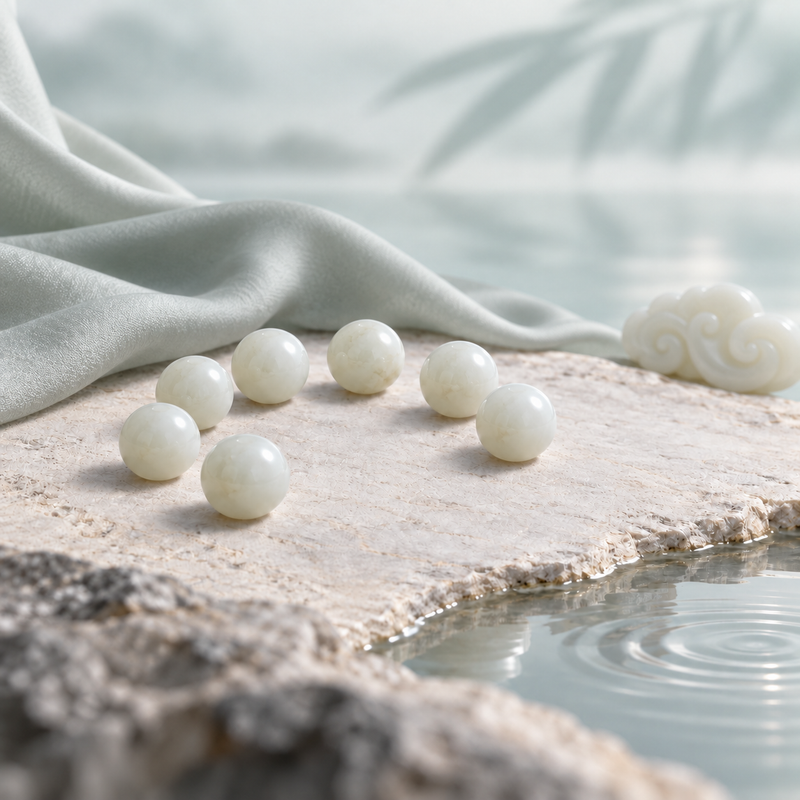White Hetian nephrite jade beads resting on pale stone beside still water