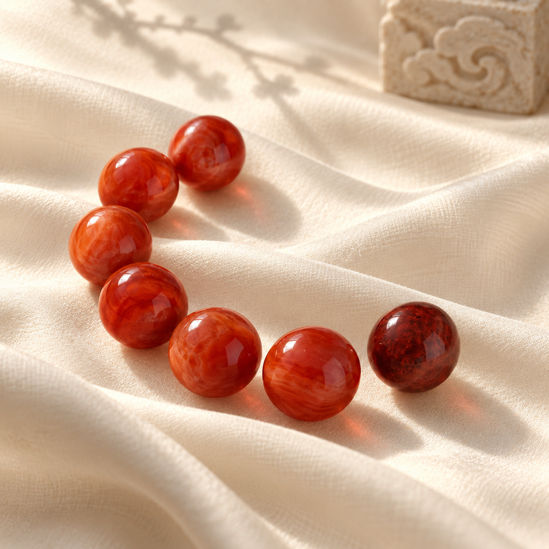 Red Nanhong agate beads on cream linen beside a carved stone seal