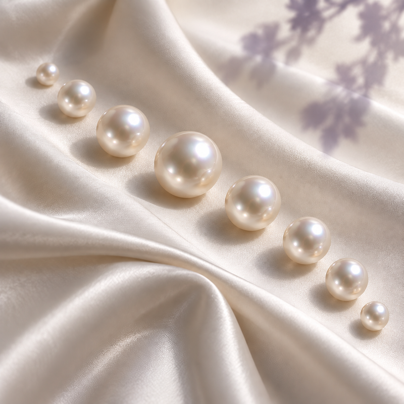 Freshwater pearls in graduated sizes arranged on cream silk