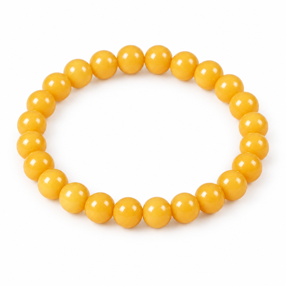 Butter-yellow beeswax amber beaded bracelet on white
