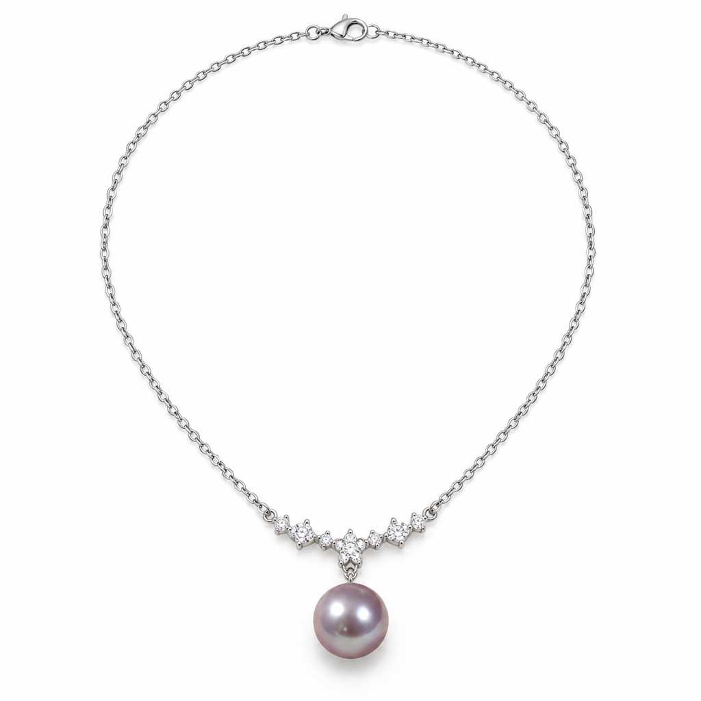 Lavender freshwater pearl pendant necklace on a sterling silver chain with a zirconia cluster, shown full length on white