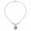 Lavender freshwater pearl pendant necklace on a sterling silver chain with a zirconia cluster, shown full length on white