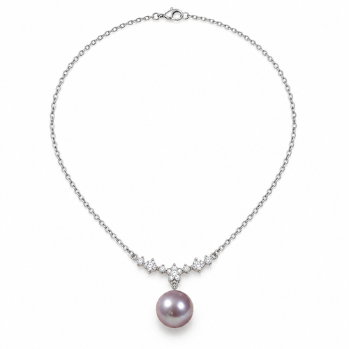 Lavender freshwater pearl pendant necklace on a sterling silver chain with a zirconia cluster, shown full length on white