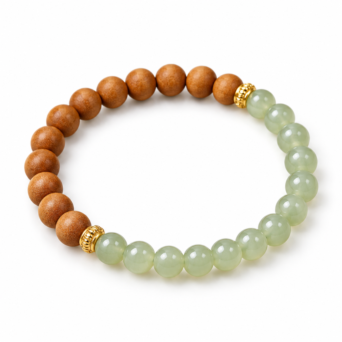 Sandalwood and green jade bead bracelet with gold lantern spacers, on white