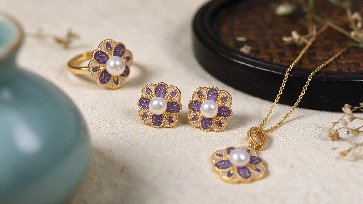 Purple enamel flower jewelry set, detail view 5