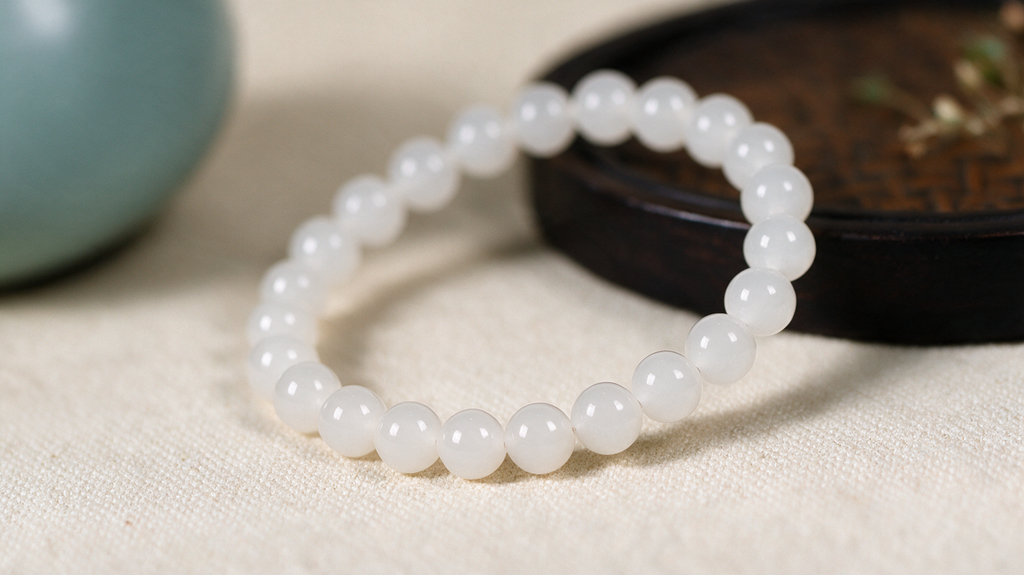 White Hetian jade bead bracelet — natural nephrite, detail view 5