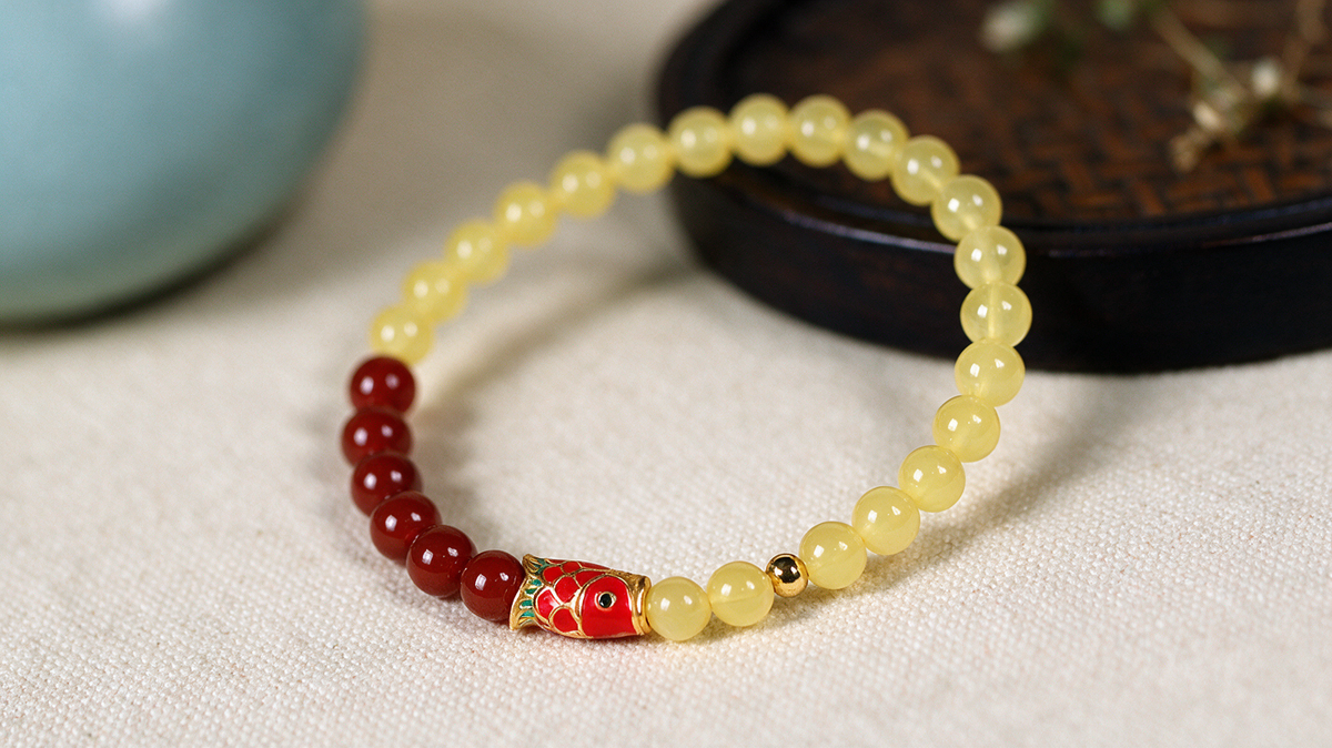 Lucky Koi Beeswax & Red Agate Bracelet — Cloisonné Charm