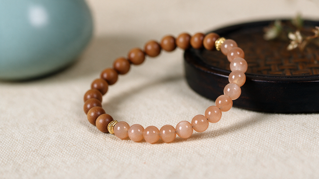 Peach sunstone and sandalwood bead bracelet, detail view 6