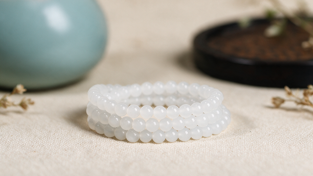 White Hetian jade triple-wrap bracelet — natural nephrite, detail view 6