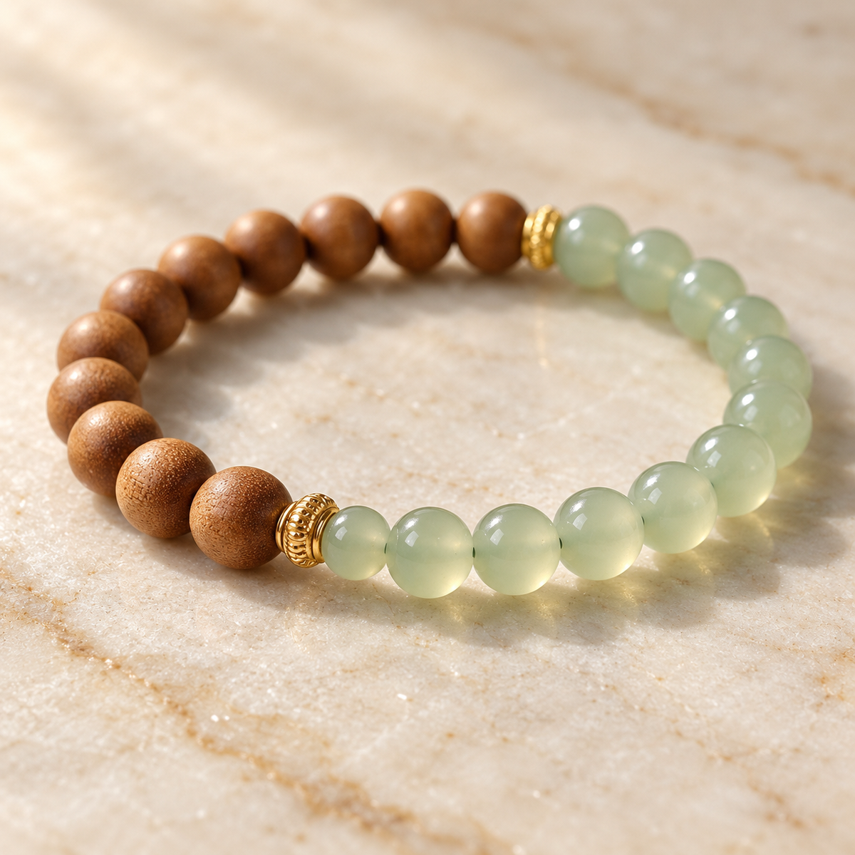 Macro detail of soft green jade beads beside sandalwood beads and a gold lantern spacer