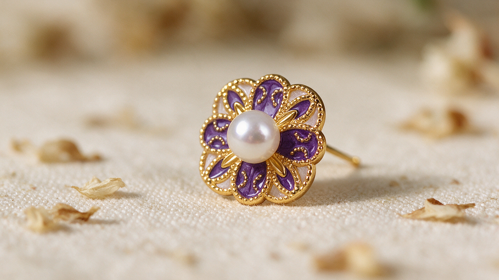 Purple enamel flower jewelry set, detail view 6