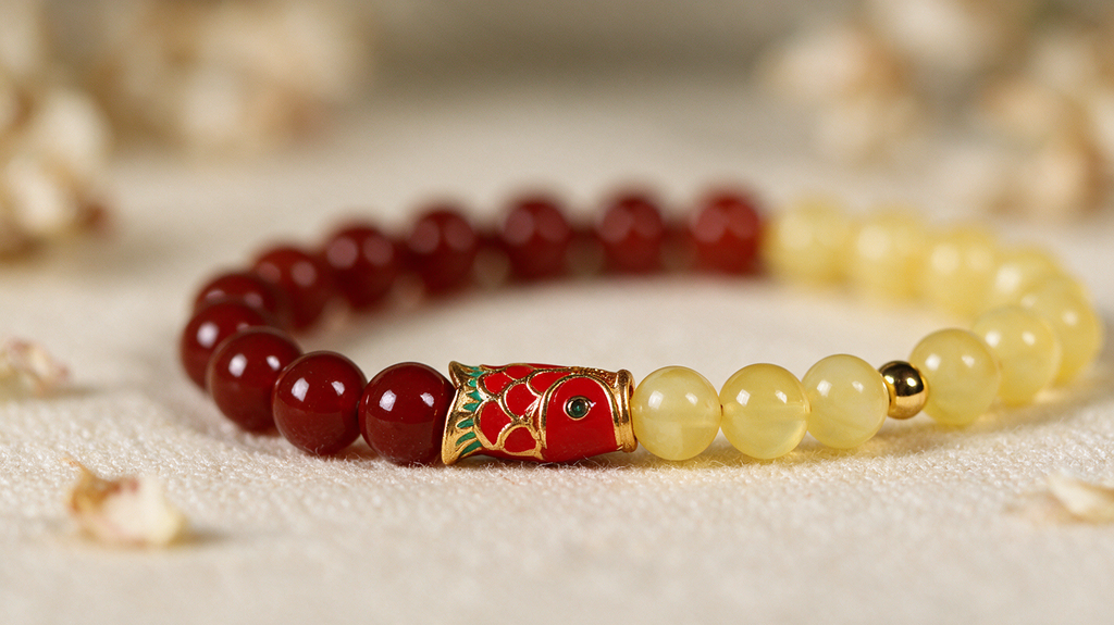 Lucky Koi Beeswax & Red Agate Bracelet — Cloisonné Charm