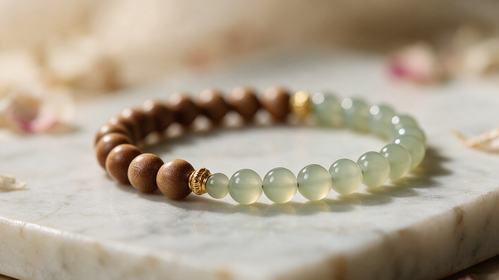 Sandalwood and green jade bead bracelet, detail view 6