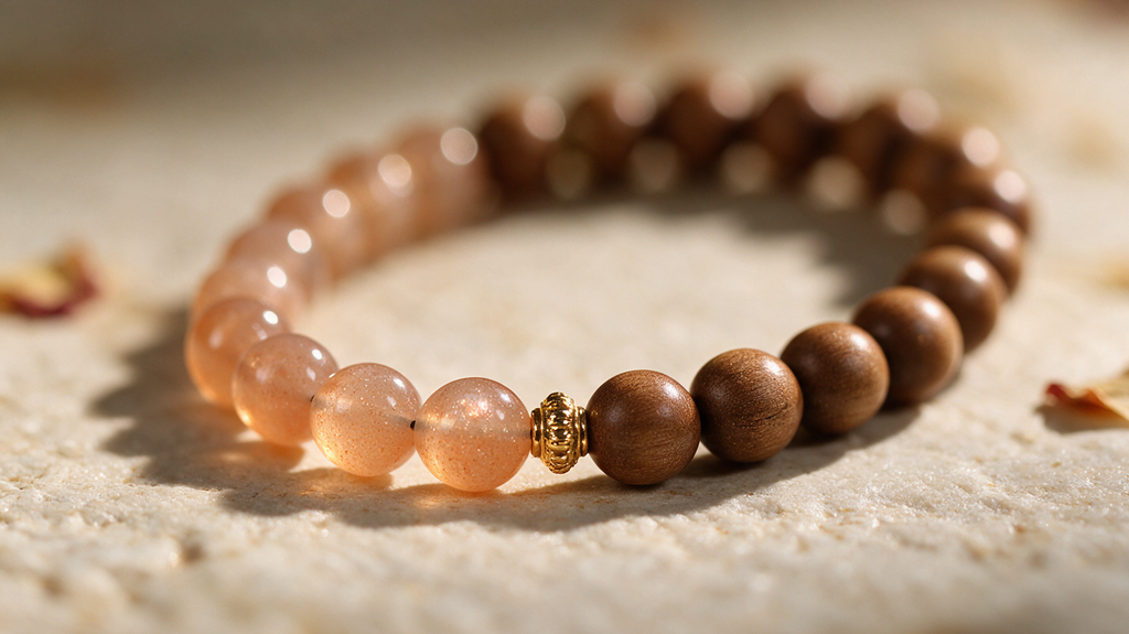 Peach sunstone and sandalwood bead bracelet, detail view 7