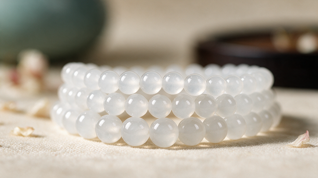 White Hetian jade triple-wrap bracelet — natural nephrite, detail view 7