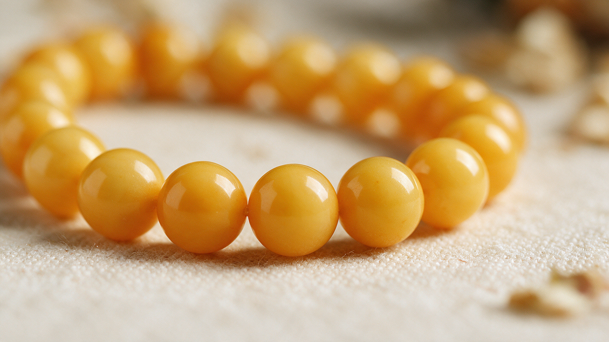 Beeswax amber bead bracelet, detail view 8