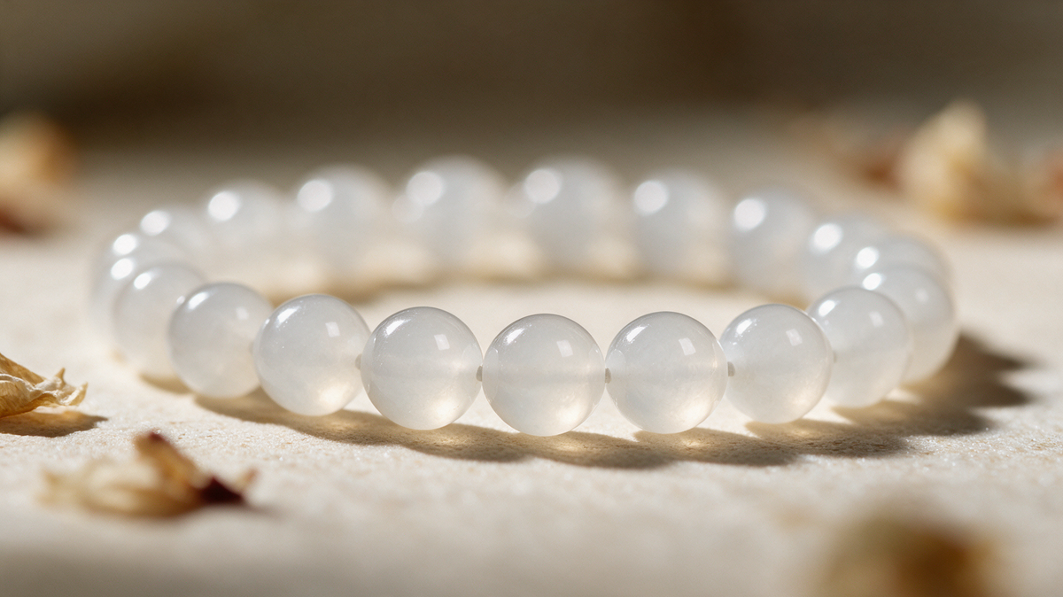 White Hetian jade bead bracelet — natural nephrite, detail view 6