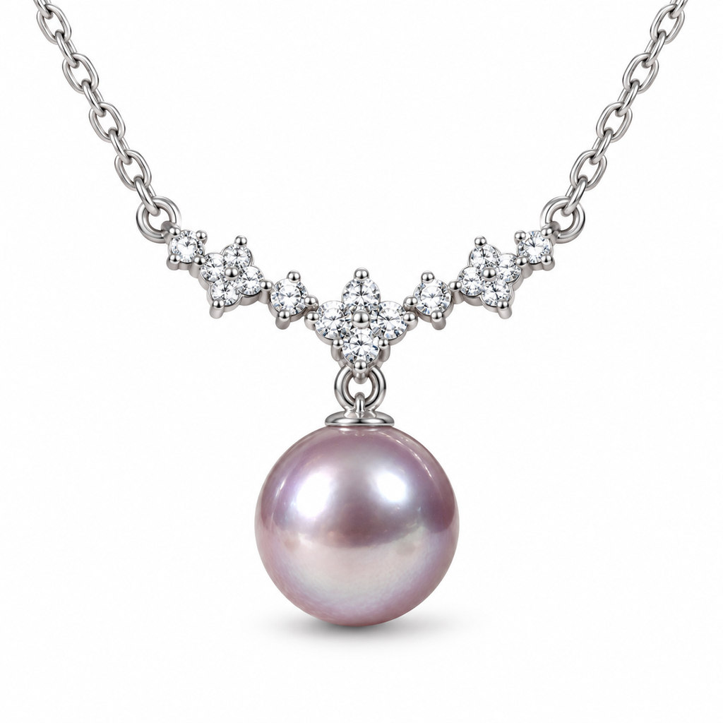 Macro close-up of the lavender pearl drop and the zirconia cluster above it