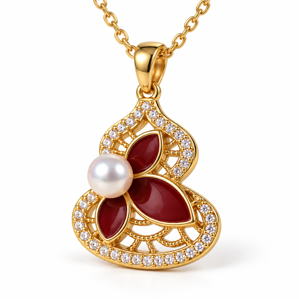 Macro detail of the gold lotus pendant with red enamel petals, a freshwater pearl and zirconia pavé