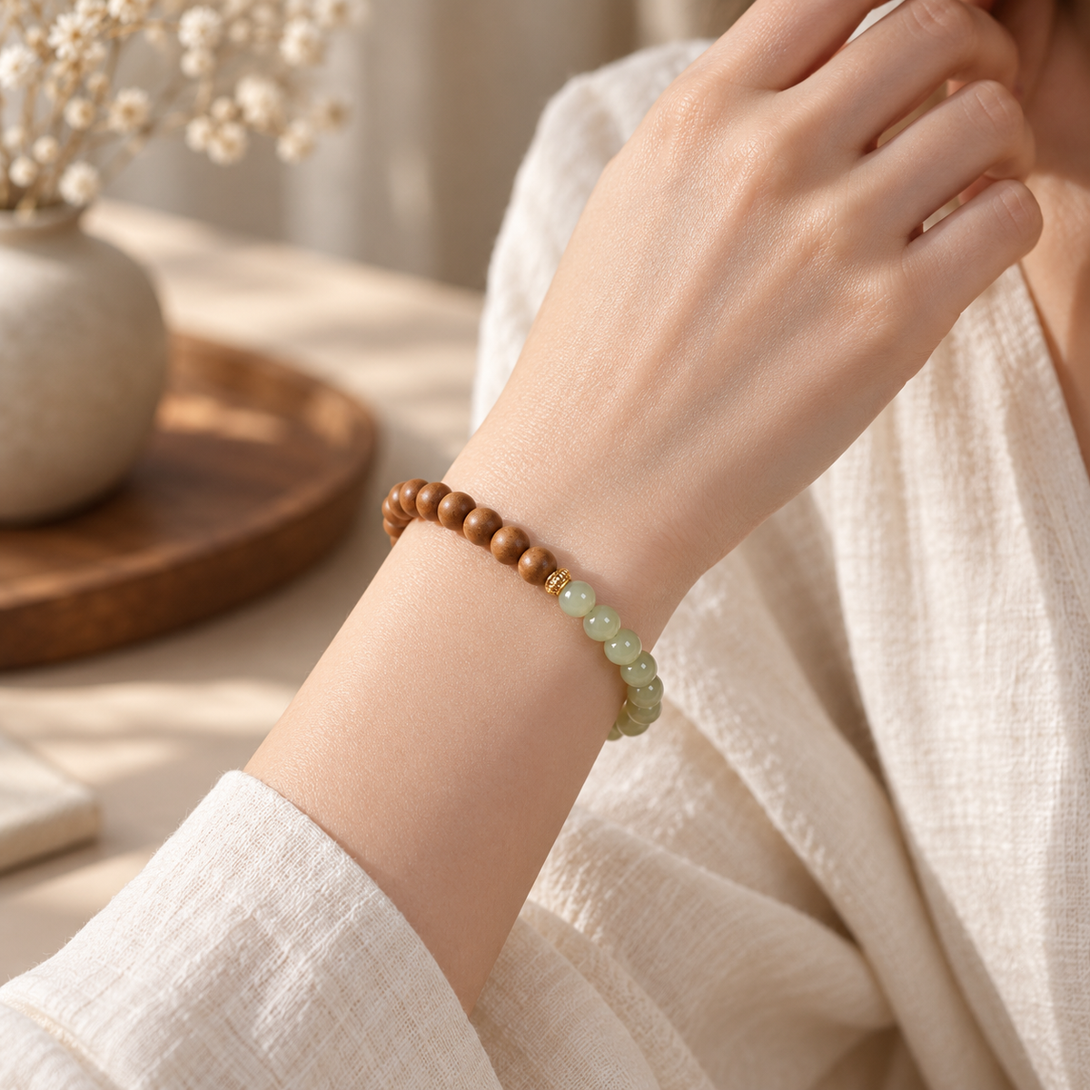 Sandalwood and green jade bracelet worn on the wrist