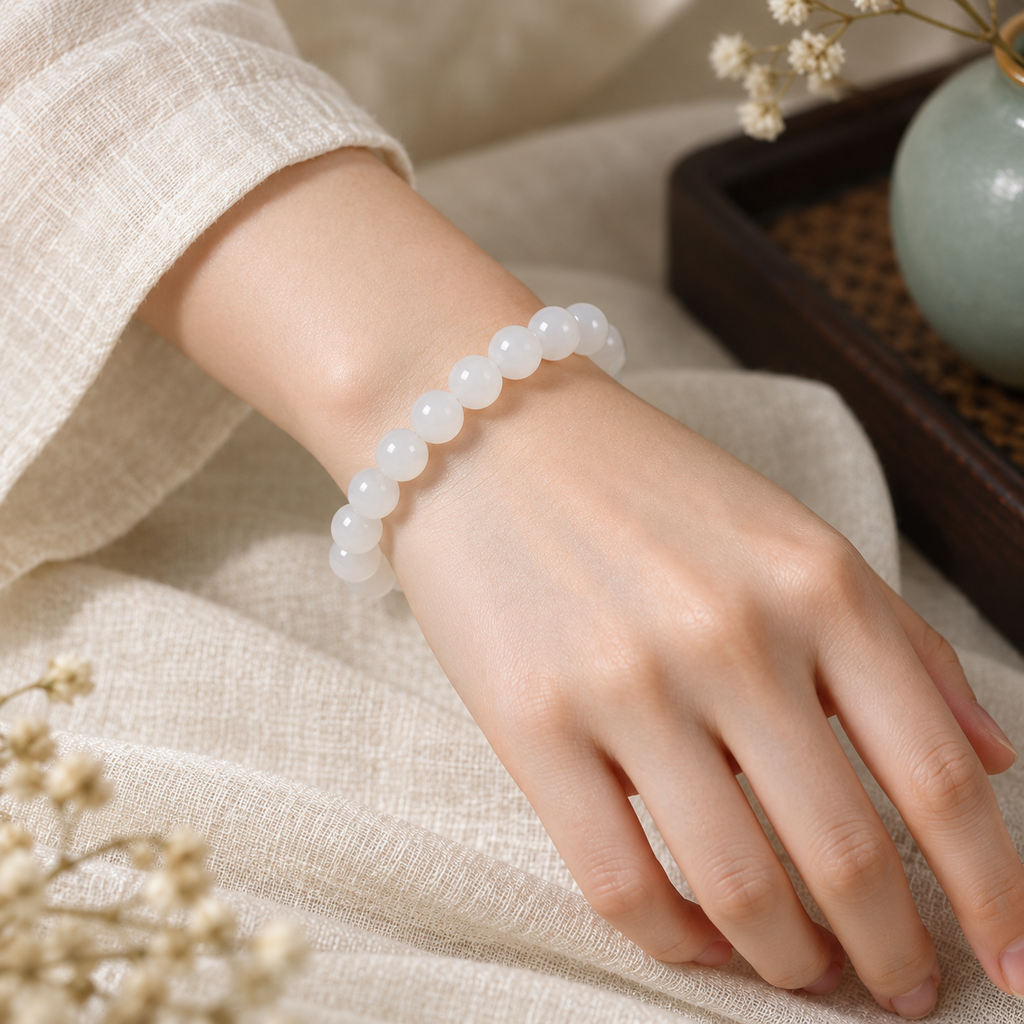 White Hetian jade bead bracelet worn on the wrist