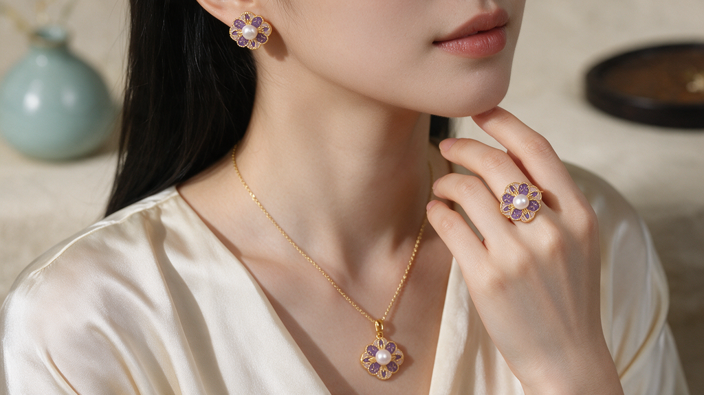 Purple enamel flower jewelry set, detail view 7