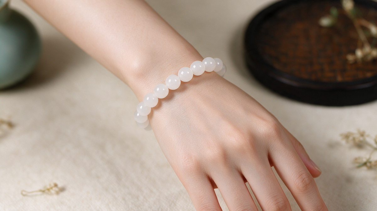 White Hetian jade bead bracelet — natural nephrite, detail view 7