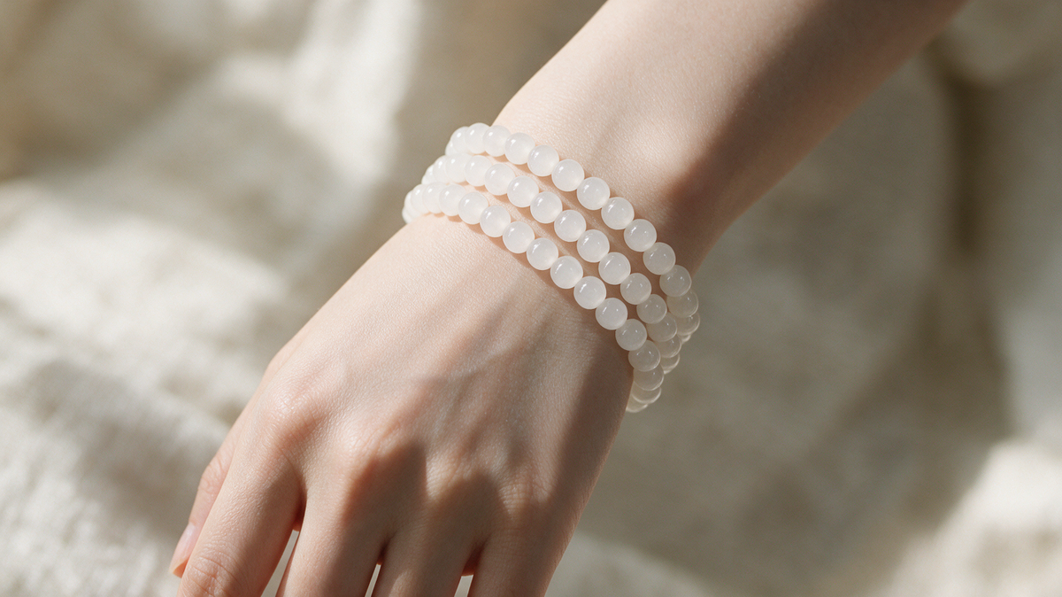 White Hetian jade triple-wrap bracelet — natural nephrite, detail view 8