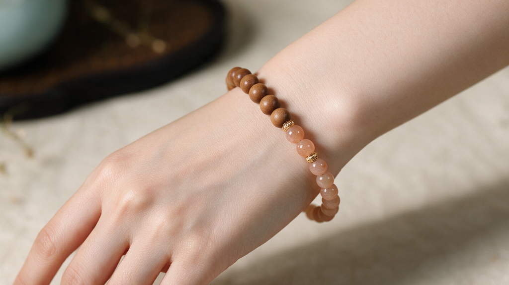 Peach sunstone and sandalwood bead bracelet, detail view 8