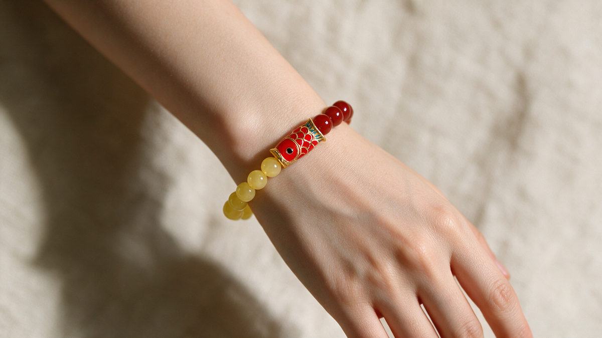 Lucky Koi Beeswax & Red Agate Bracelet — Cloisonné Charm