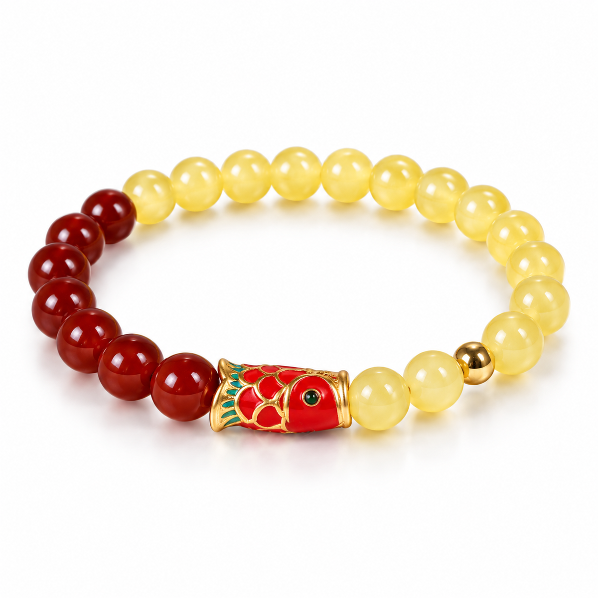 Koi charm amber and red agate bracelet laid out on white