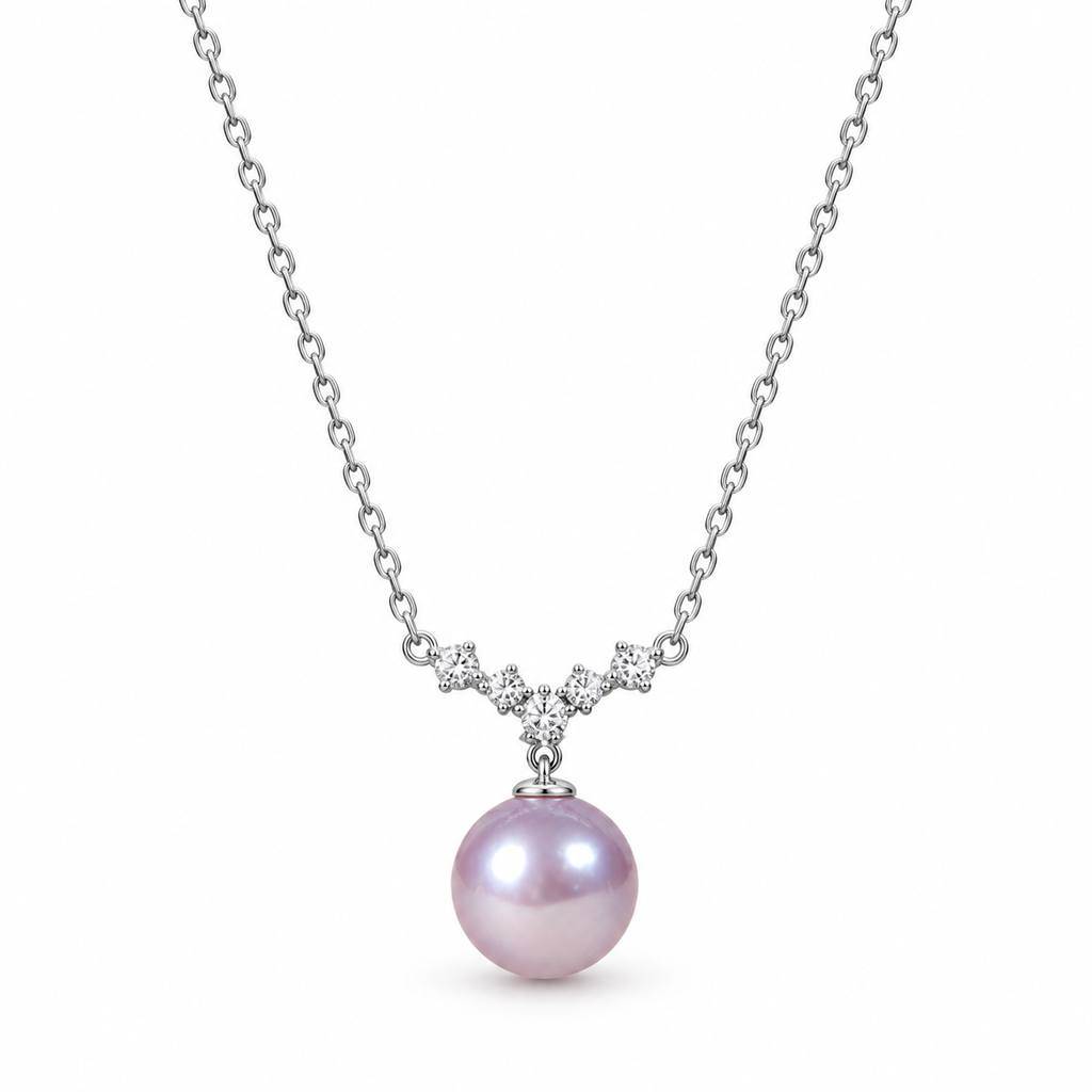 Lavender pearl pendant necklace on white, chain draped to show the pendant and clasp detail