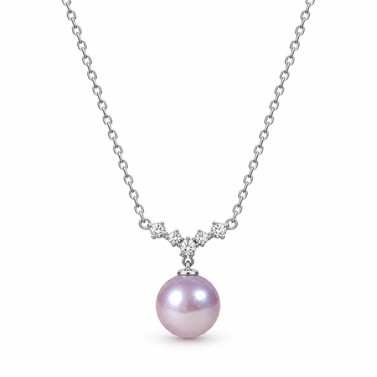 Lavender pearl pendant necklace on white, chain draped to show the pendant and clasp detail