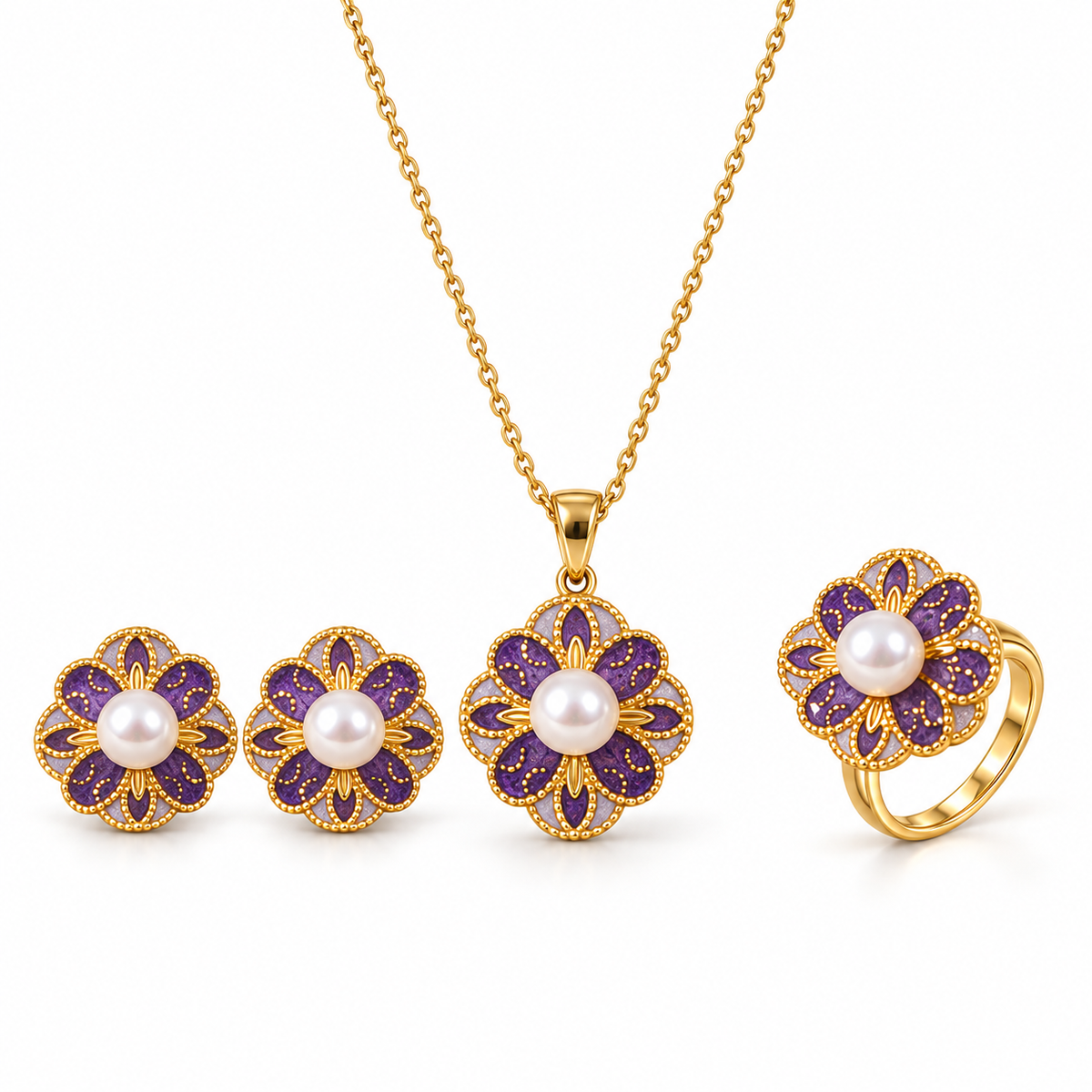 Full purple enamel flower set laid flat — necklace, pair of stud earrings and ring