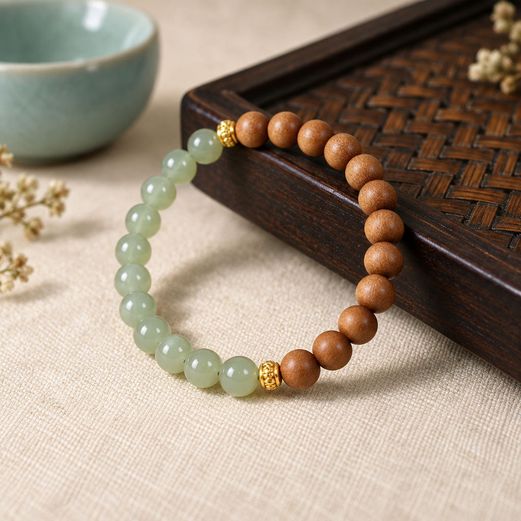 Sandalwood and green jade bracelet laid out to show the stone and wood halves