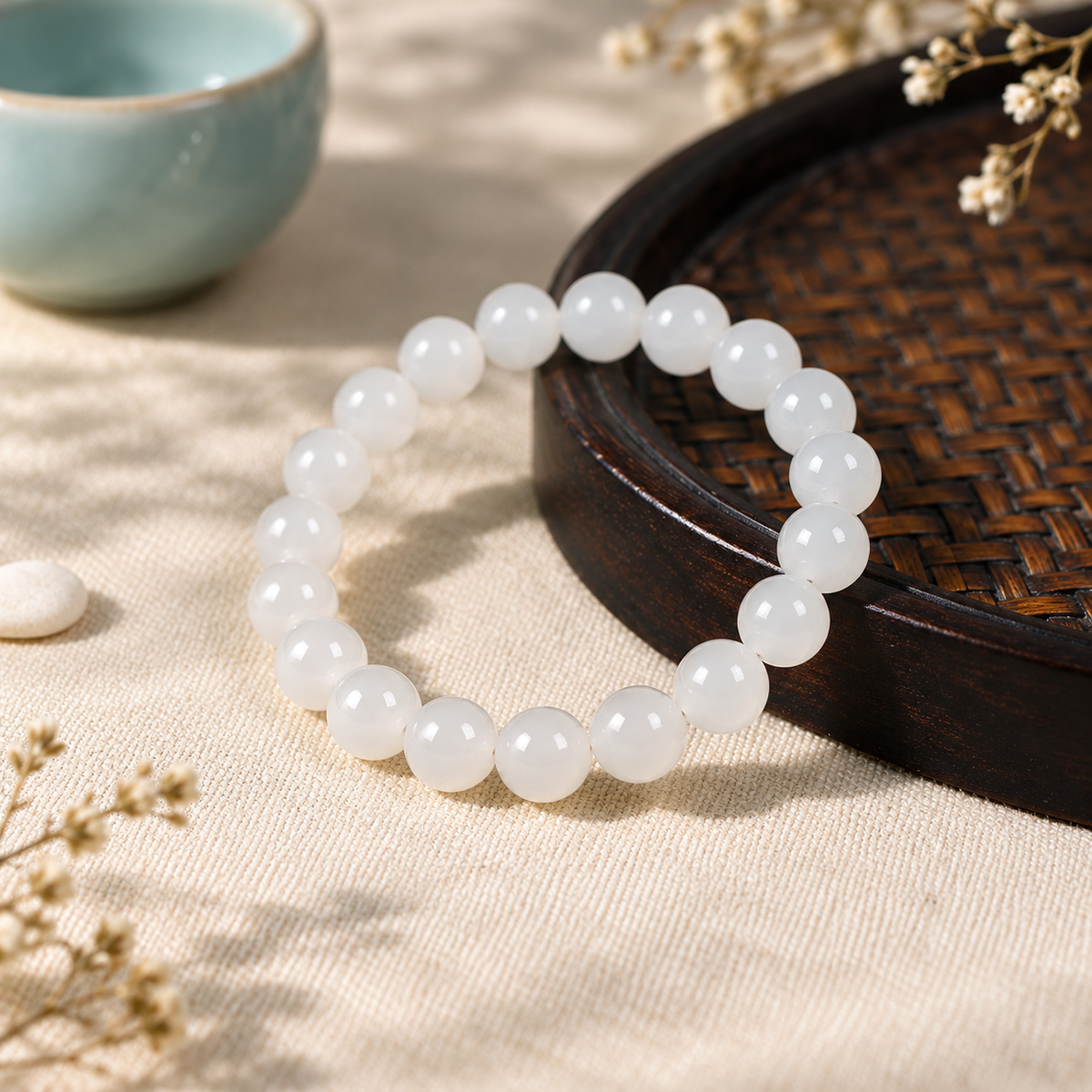 White Hetian jade bead bracelet styled in a light scene