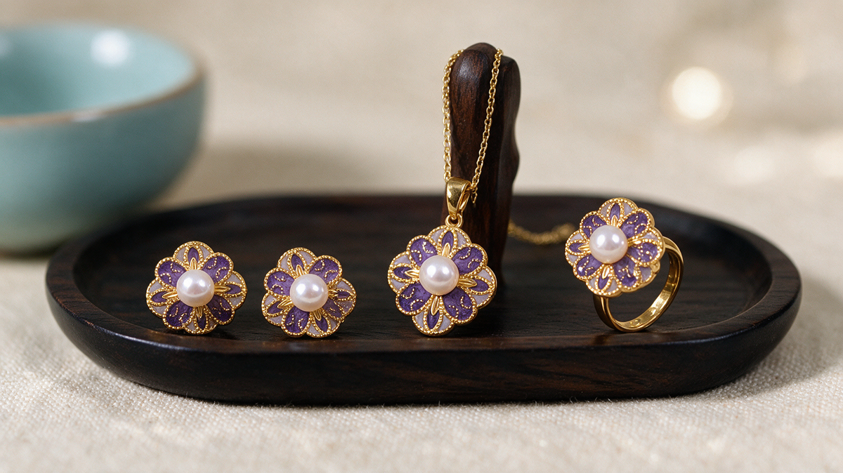 Purple enamel flower jewelry set, detail view 8