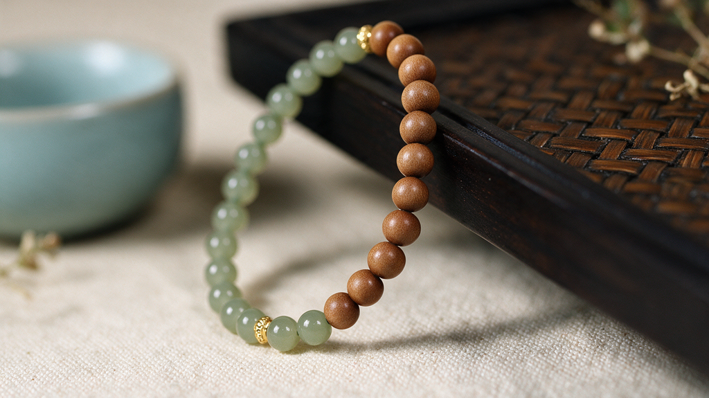 Sandalwood and green jade bead bracelet, detail view 8